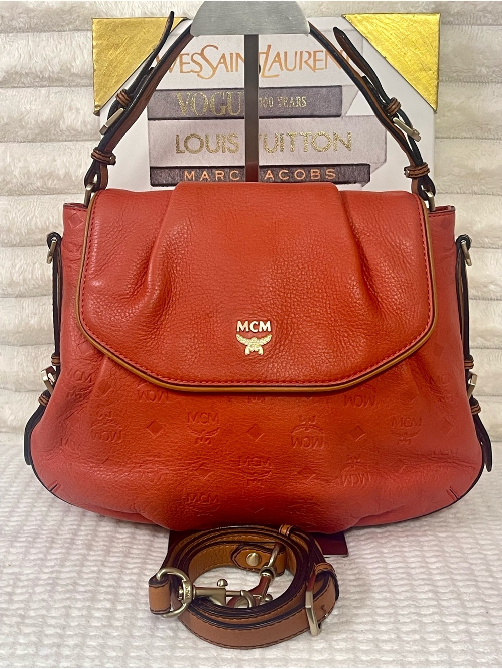 MCM Embossed Leather Shoulder Satchel with Detachable Strap